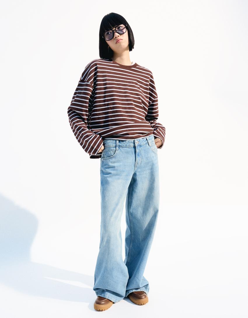 Jeans wide leg taille basse-Bleu lavé