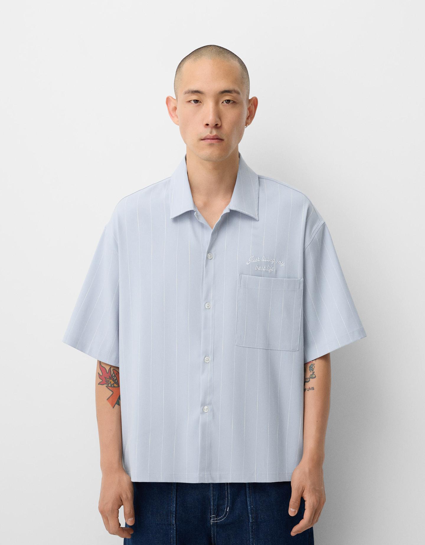 Bershka Camicia A Maniche Corte Righe Ricamo Uomo S Azzurro Chiaro