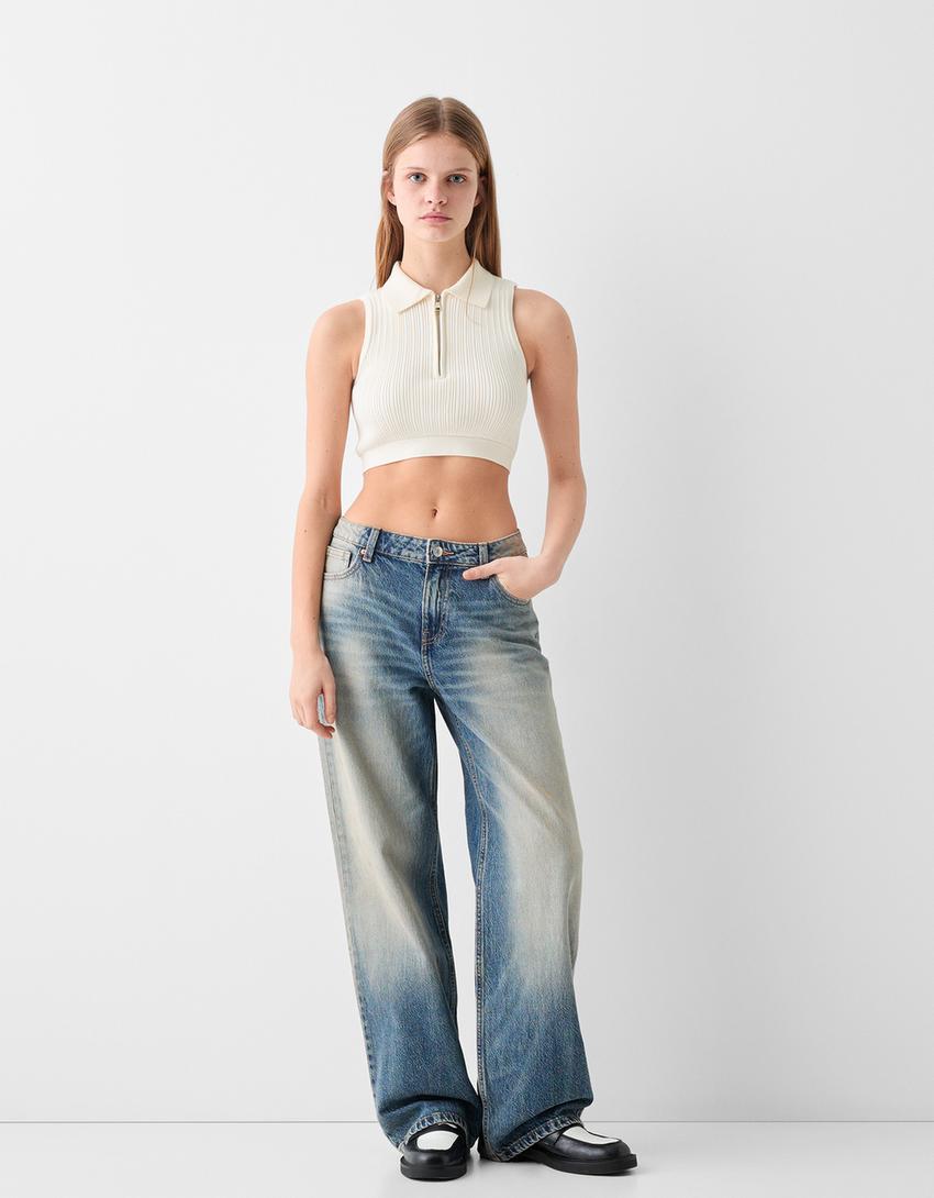 Sleeveless polo collar zip-up top-Cream-3