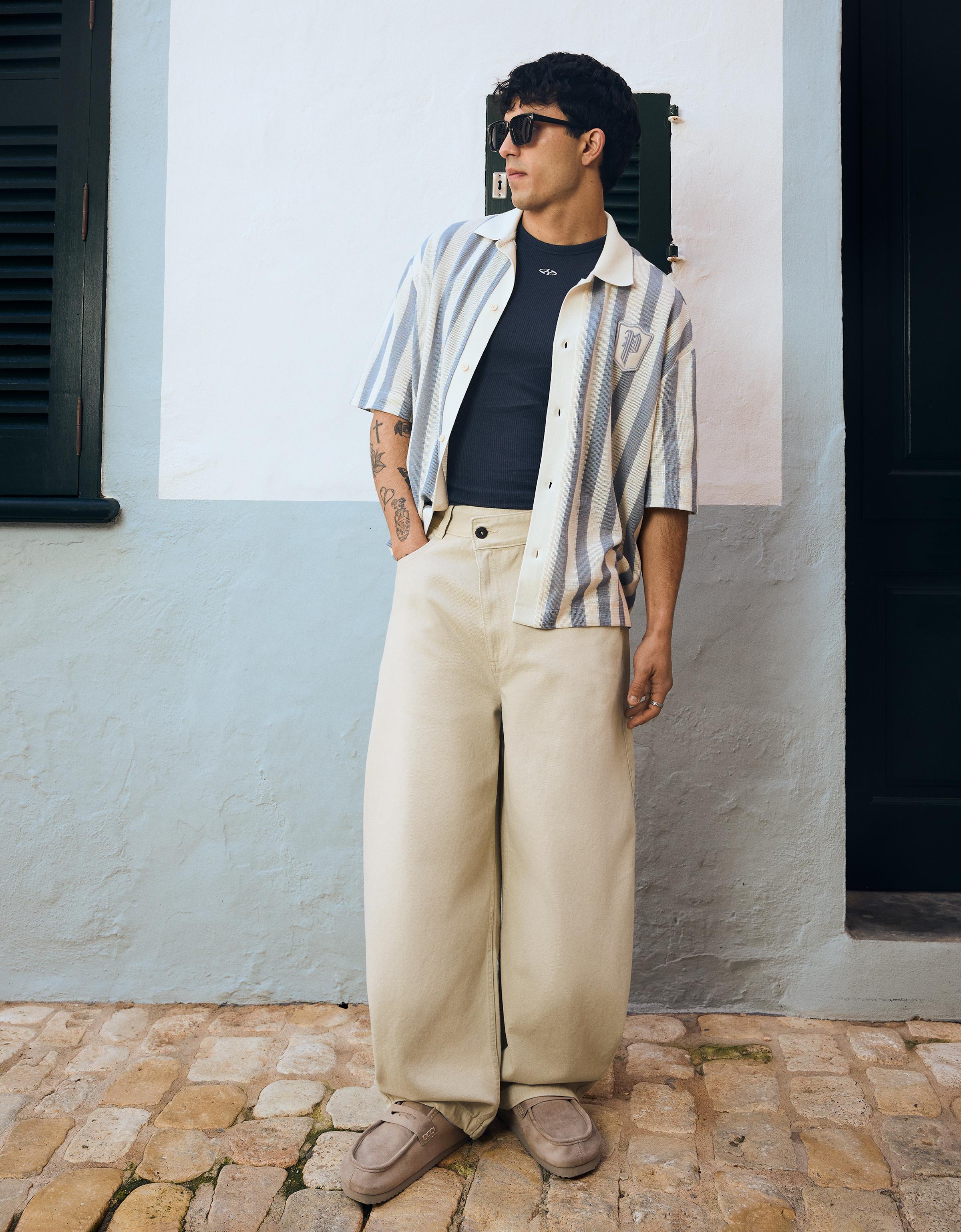 Embroidered crossover barrel trousers — Sand