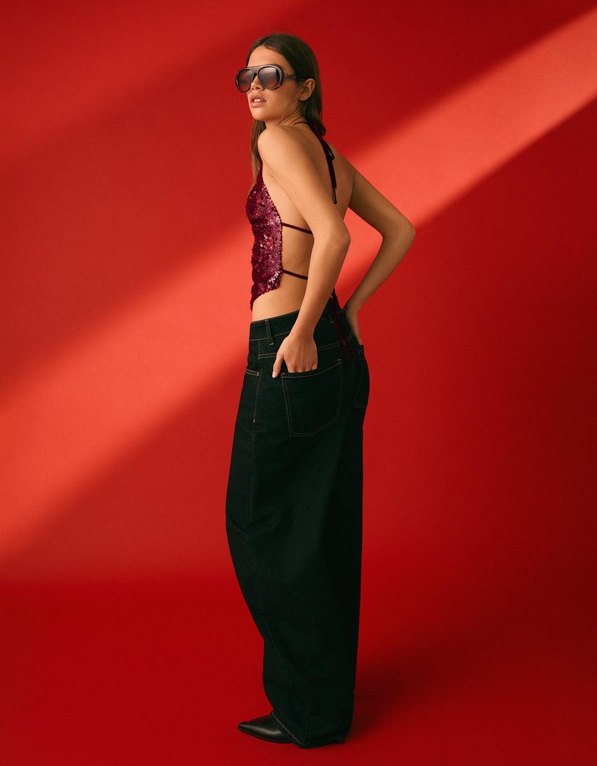 Draped sequin halter top-Red