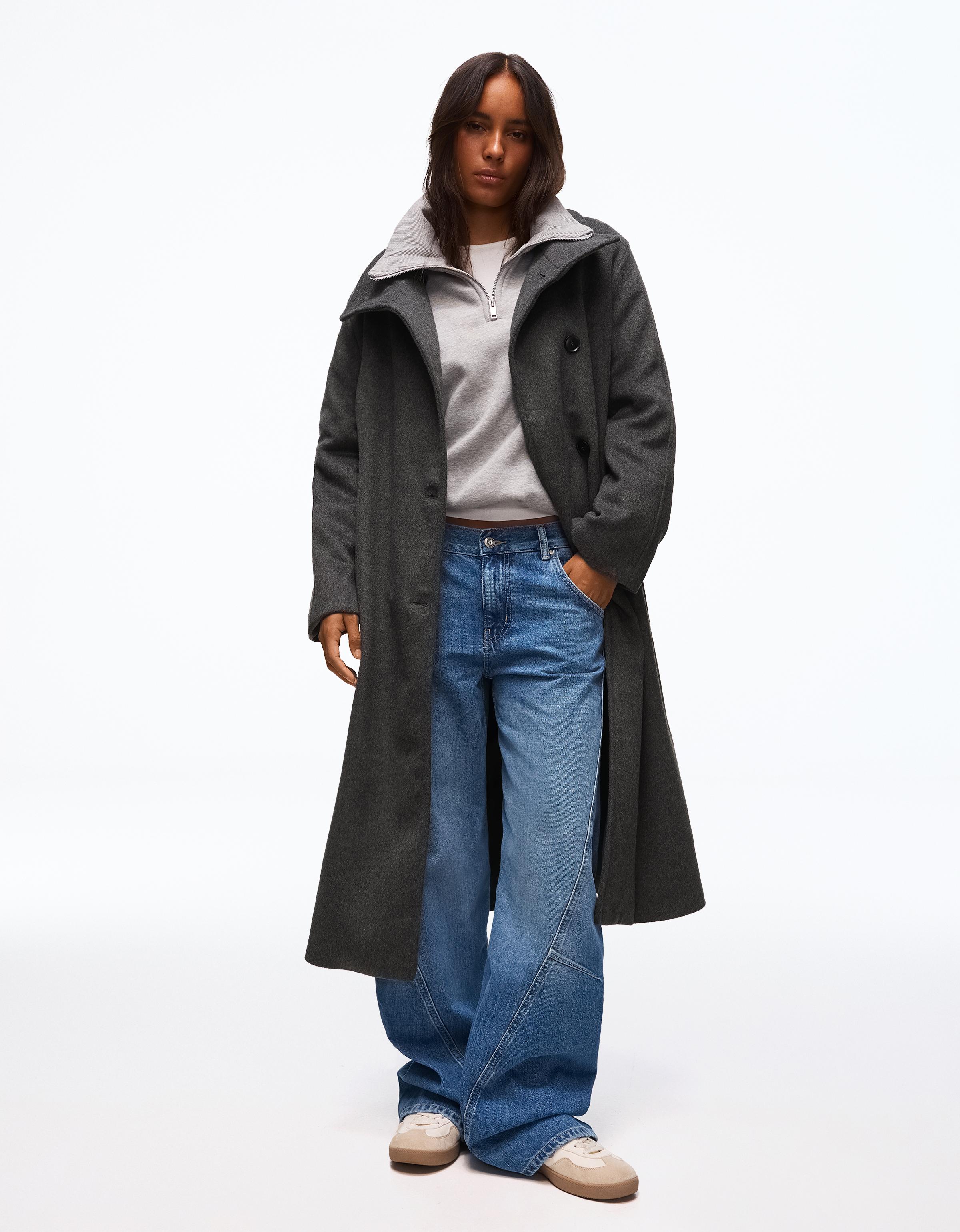 Long funnel neck coat with belt — Dark grey