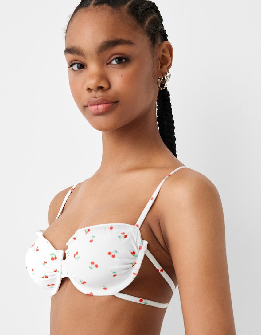 قطعة بكيني علوية بطبعة كرز وسلك داخلي-أبيض-5