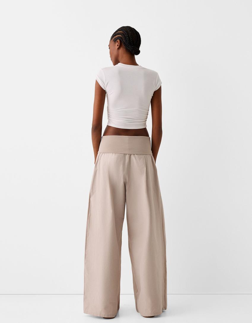 Wide-leg trousers with fold-over waist-Stone-2