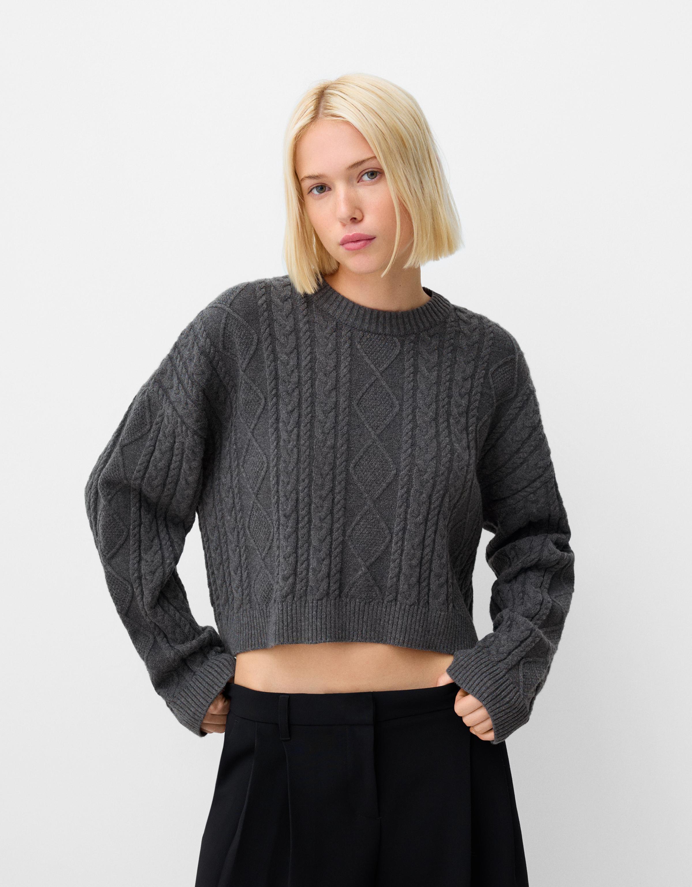 Bershka Pullover Mit Rundausschnitt Und Flechtmuster Damen M Grau