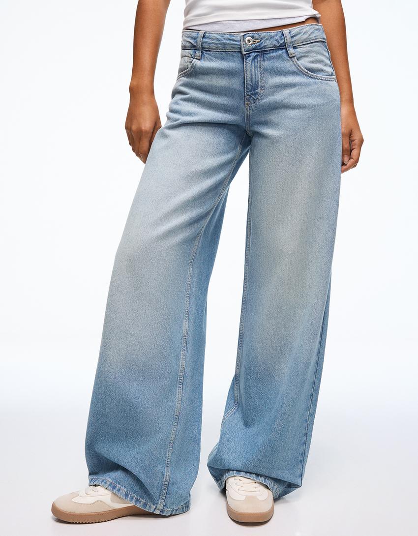 Jeans mit weitem Bein und tiefem Bund-Ausgewaschenes Blau