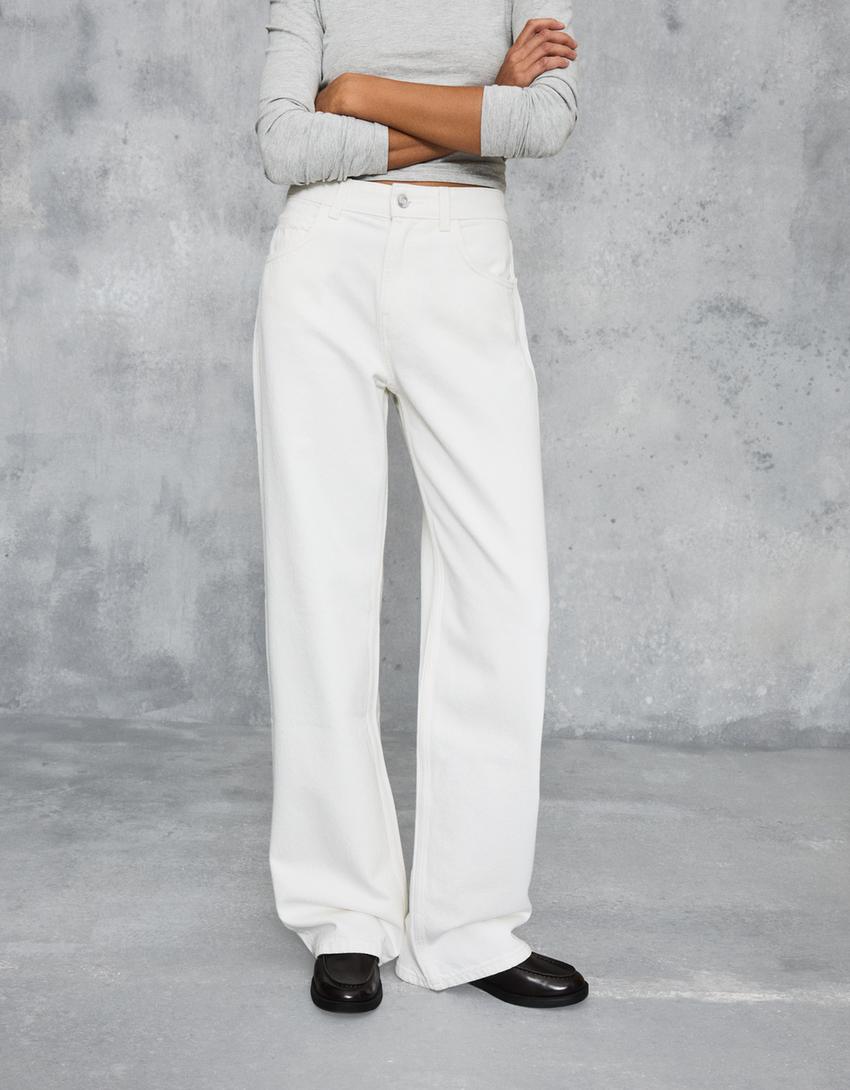 High-waist wide-leg straight jeans-Cream