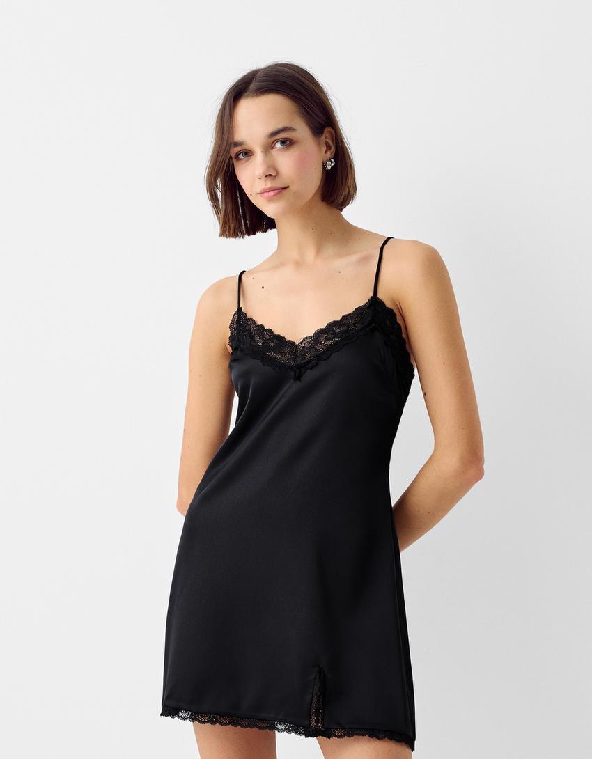 Vestido alças mini cetim pormenores renda-Preto-1