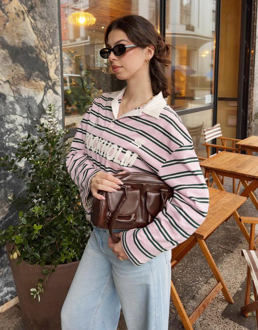 Camiseta manga larga cuello polo print-Rosa