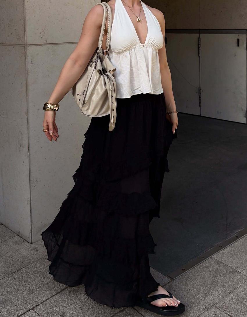 Saia maxi com folhos-Preto-2