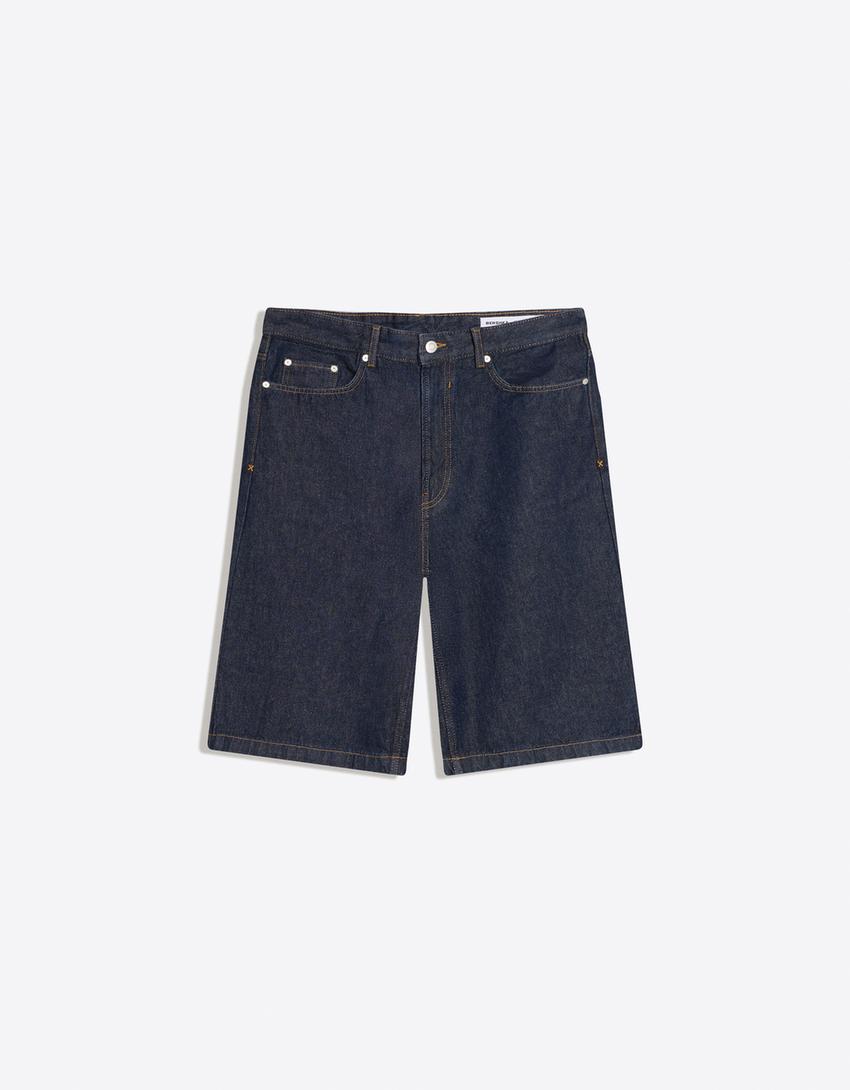 Baggy denim Bermuda shorts-Navy