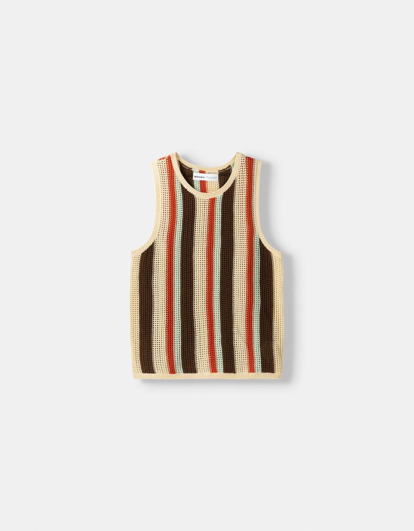 T-shirt bretelles ajours rayures-Sable-4