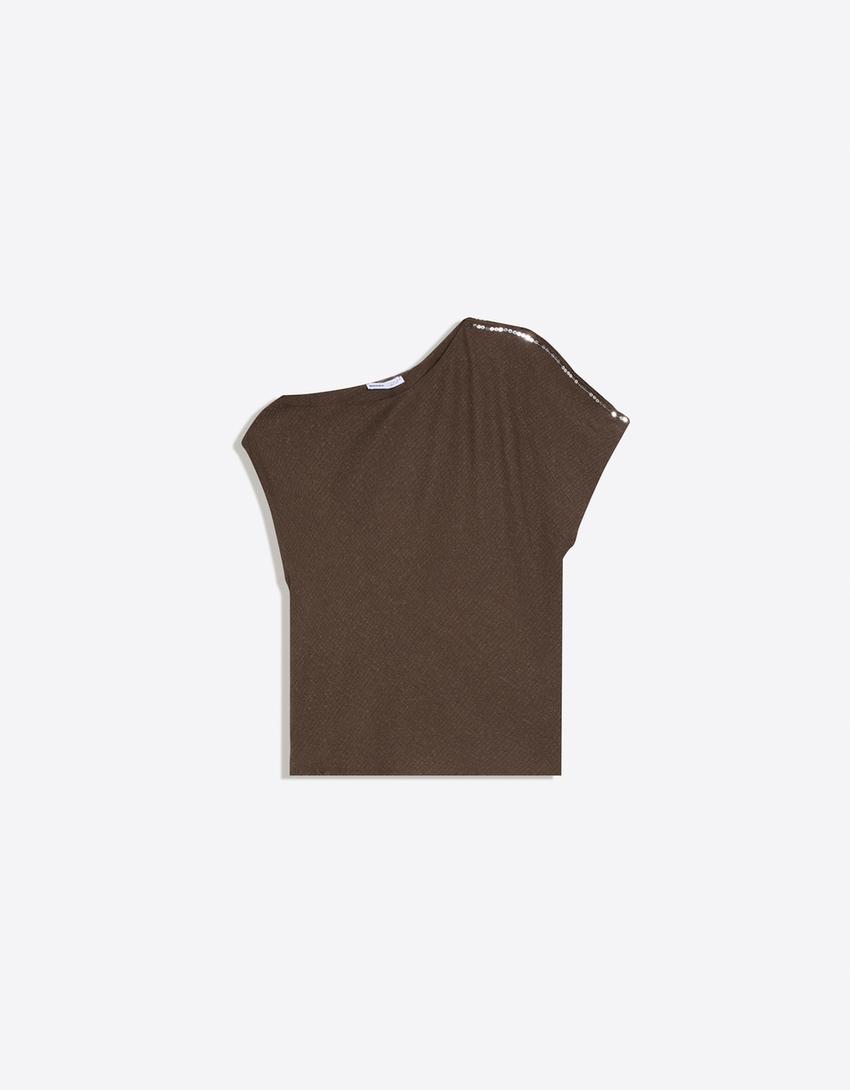 Asymmetric rustic short sleeve T-shirt-Brown