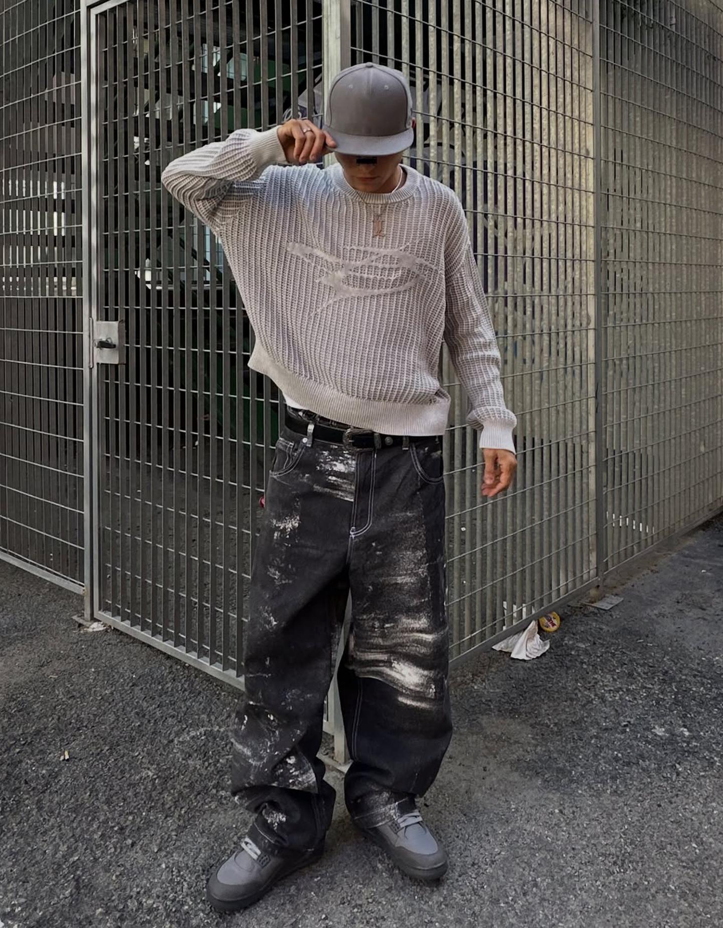 Bershka sweter z siateczki z efektem prania szary