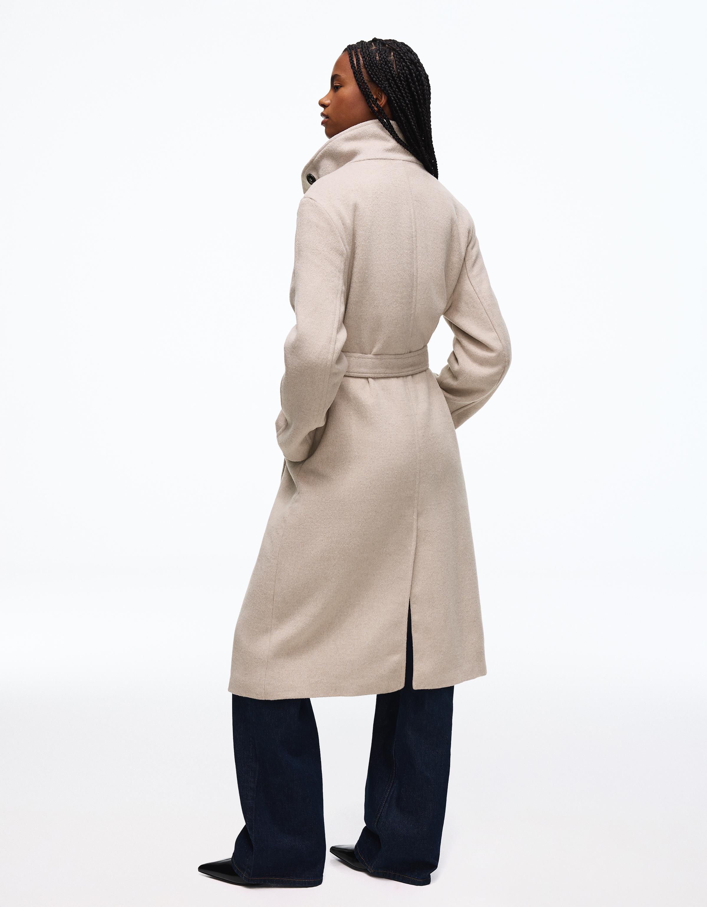 Long funnel neck coat with belt — Sand