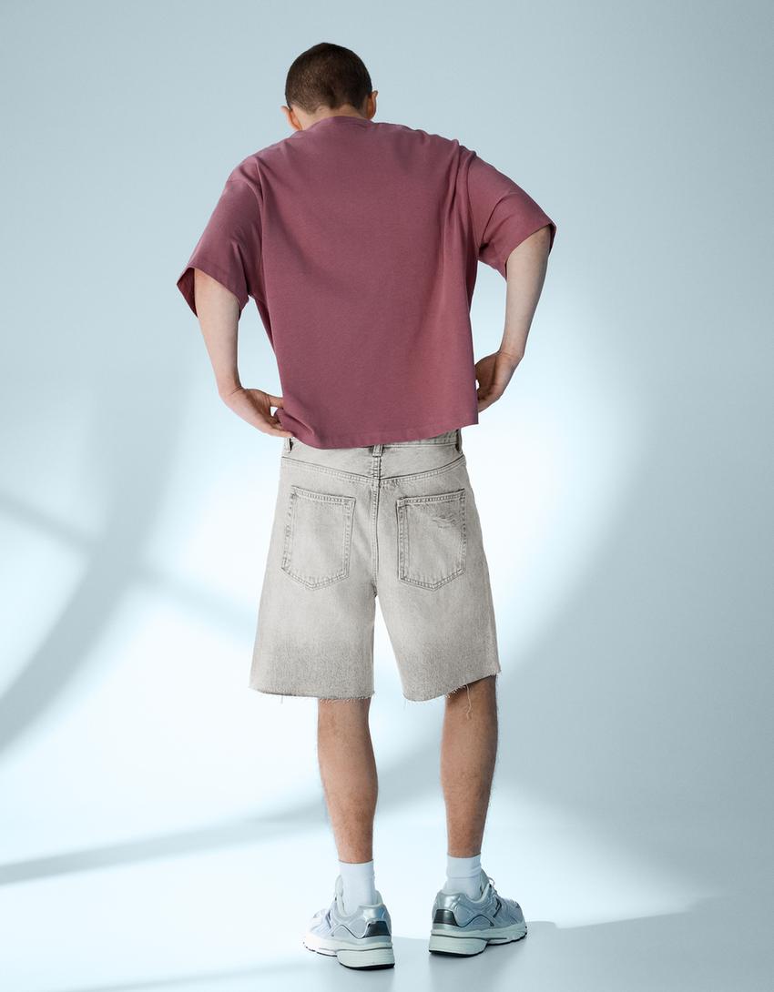 Ripped denim Bermuda shorts-Grey