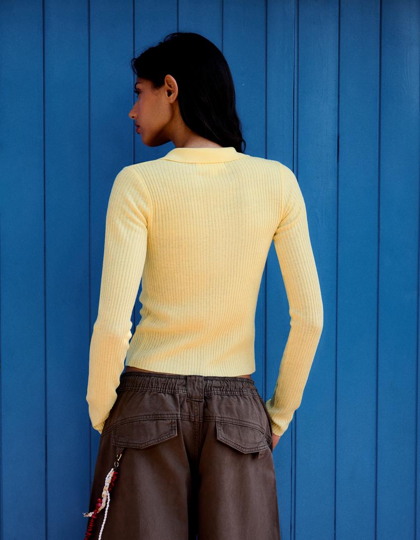 Fine-knit polo collar cardigan-Yellow