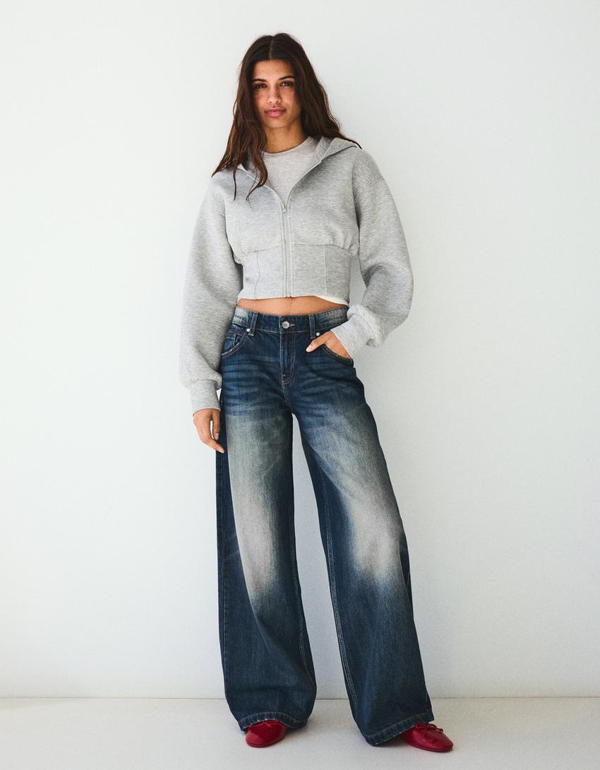 Jeans boyfriend tiro bajo bordado-Azul lavado