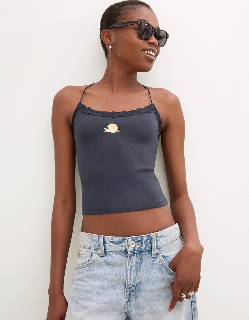 Printed strappy top-Grey-0