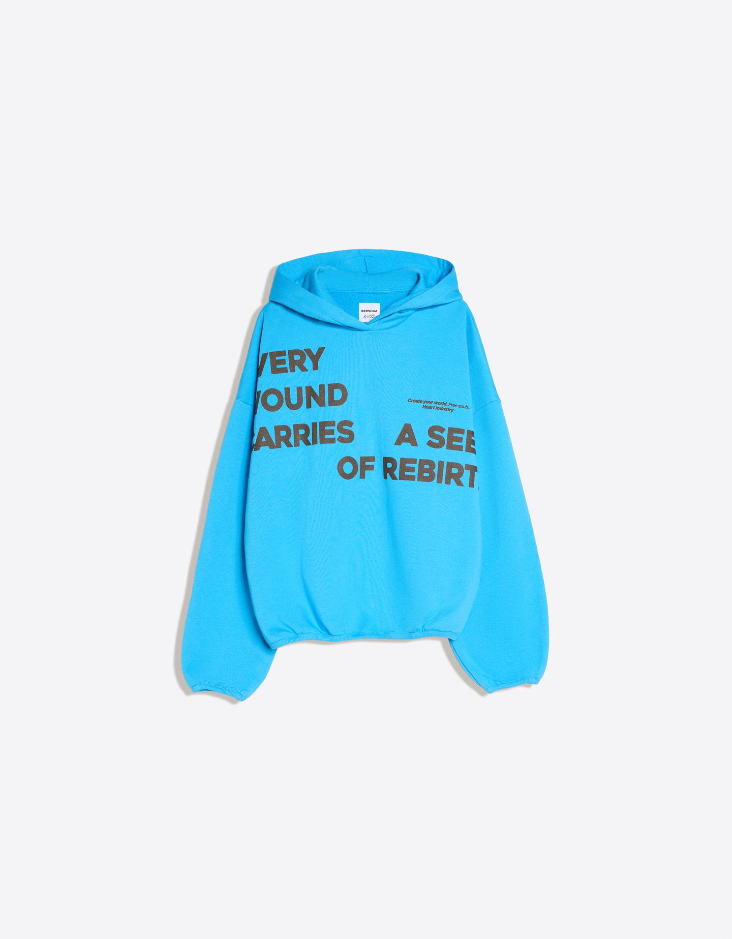 Bershka Felpa Cappuccio Stampa Donna L Azzurro Lavato