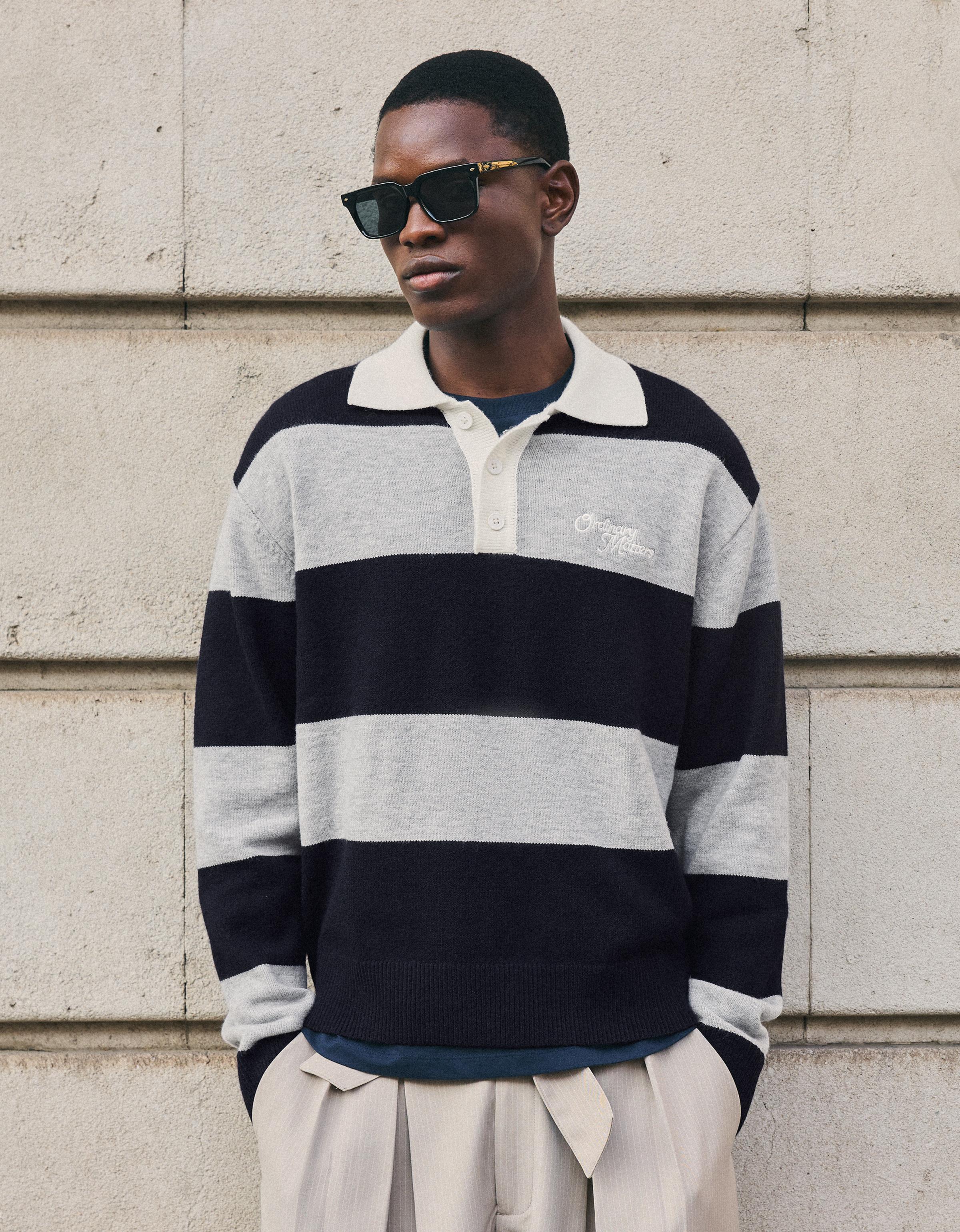 Bershka Jersey Cuello Polo Contraste Rayas Hombre L Marino