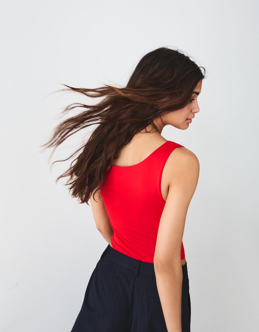 Asymmetric ruched strappy bodysuit-Red