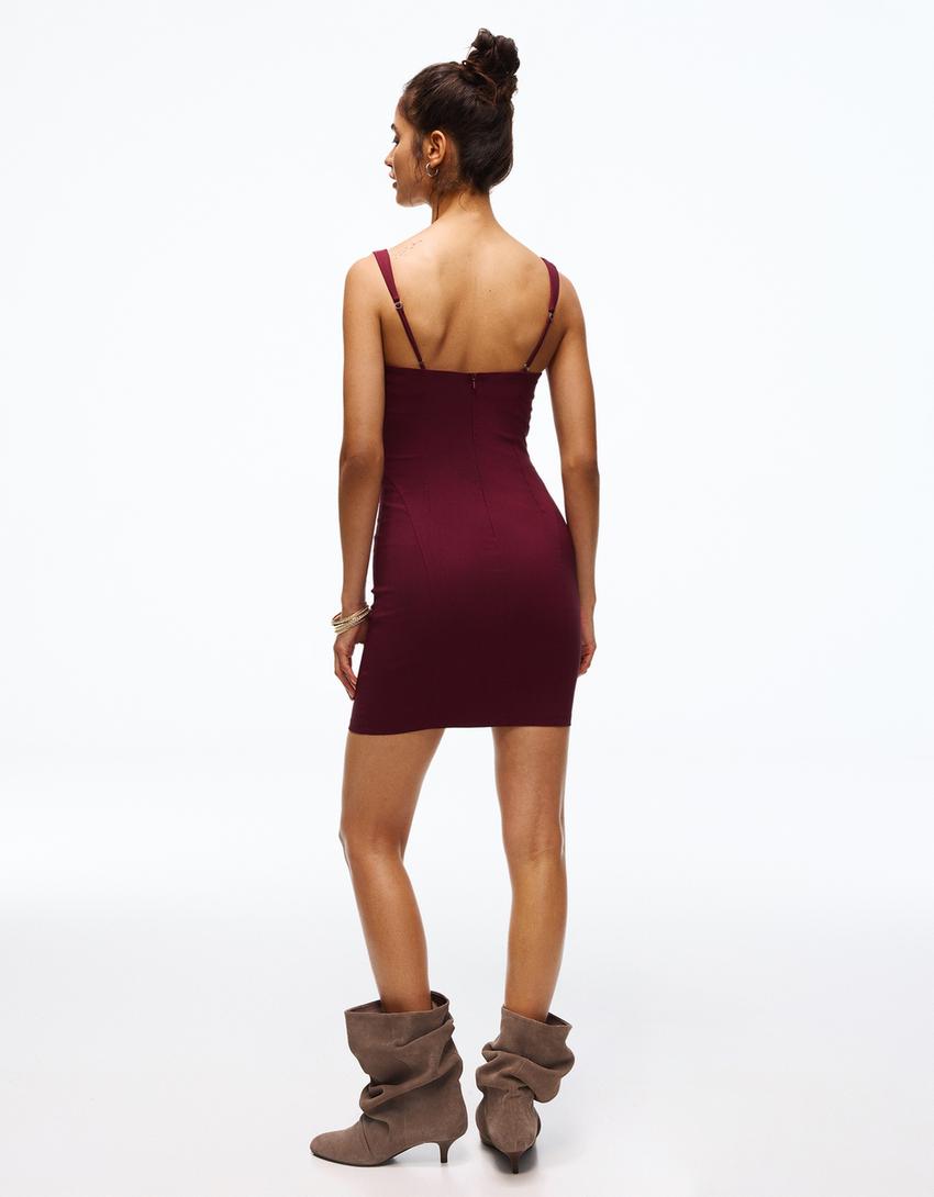 Minikleid aus Bengaline mit Trägern-Granatrot