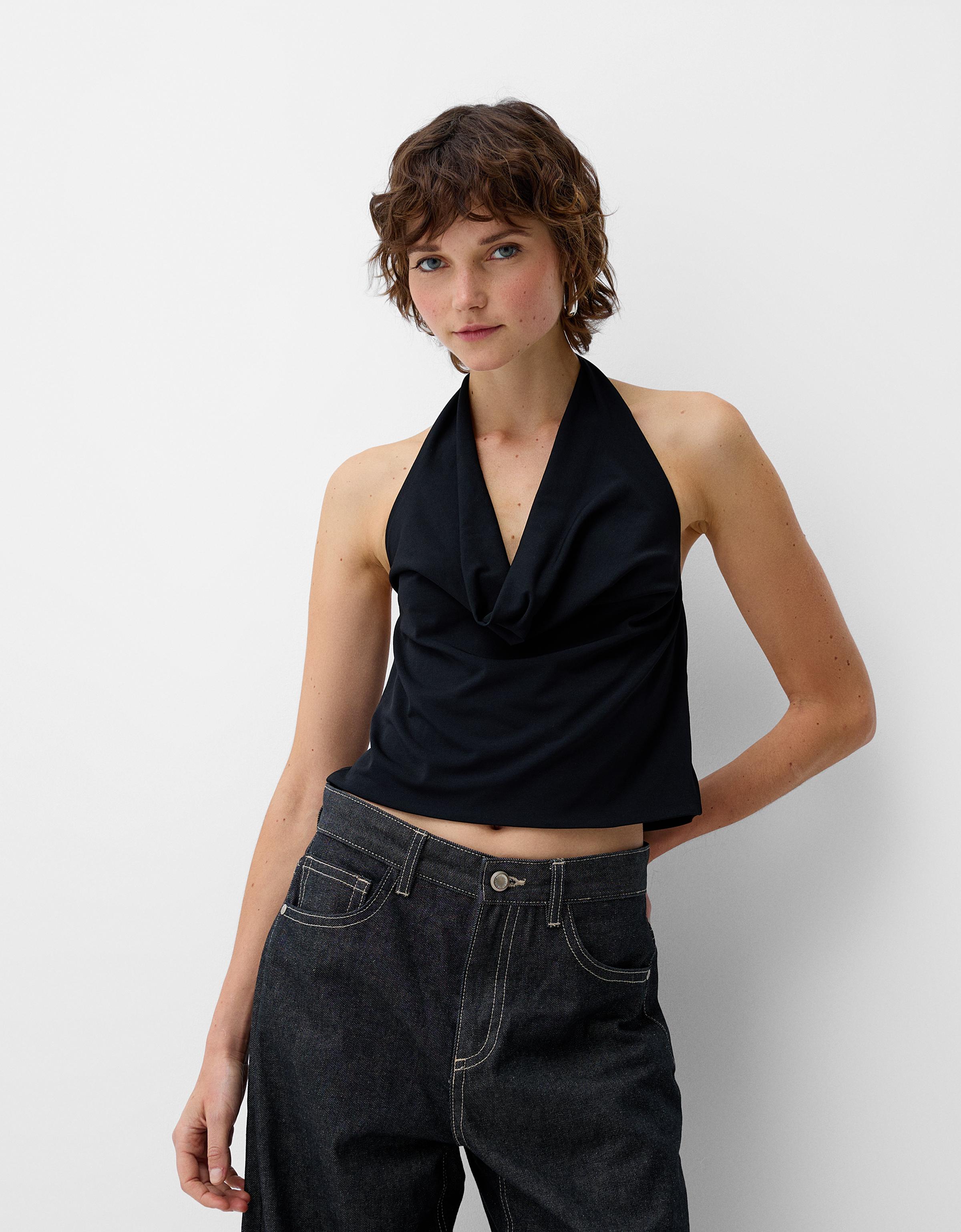 Bershka Fließendes Neckholder-Top Damen Xs Schwarz