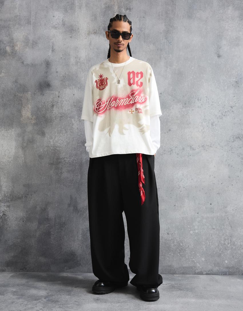 T-shirt à manches courtes Boxy fit imprimé-Blanc cassé