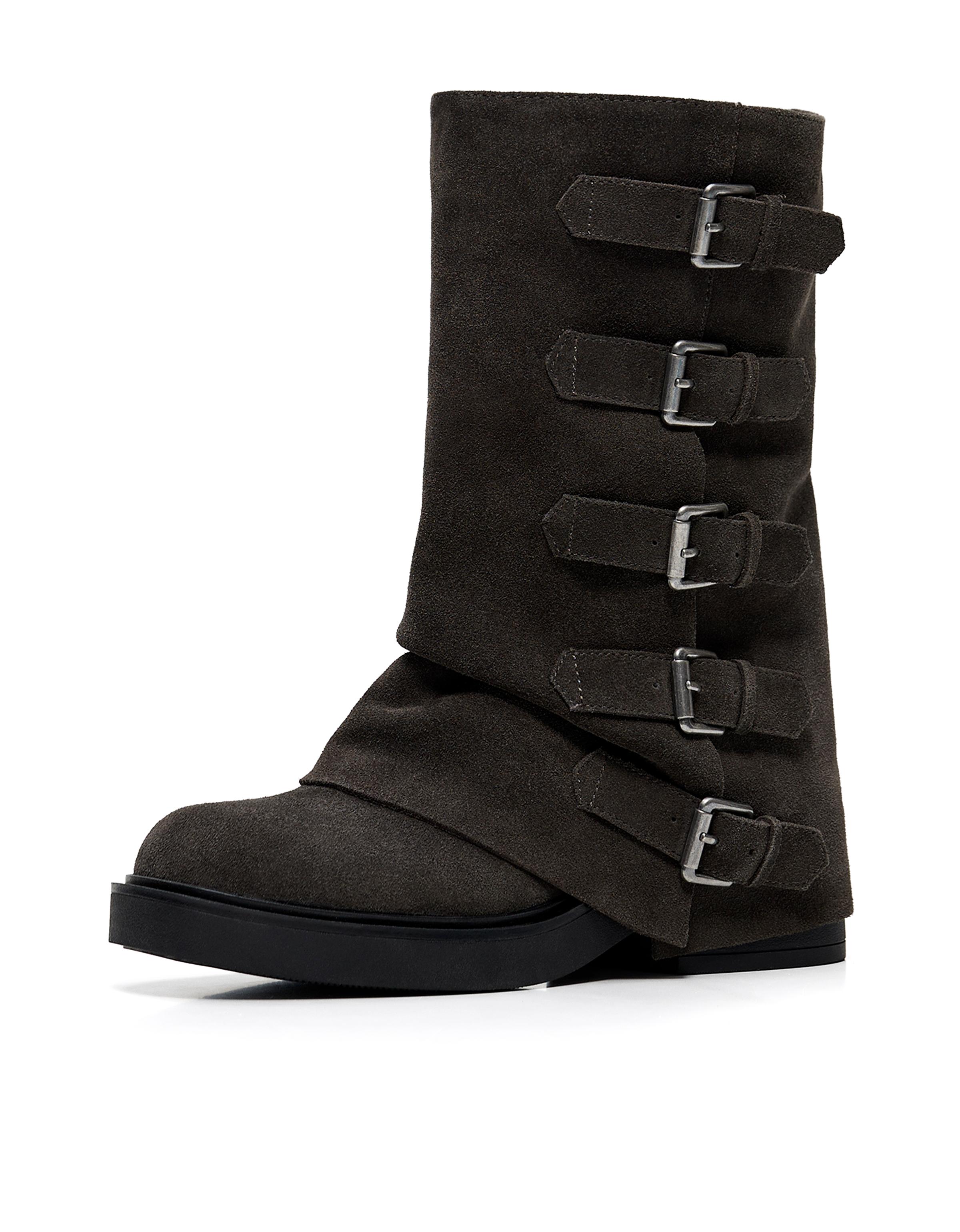 LEATHER TROUSER ANKLE BOOTS WITH BUCKLES — TAUPE