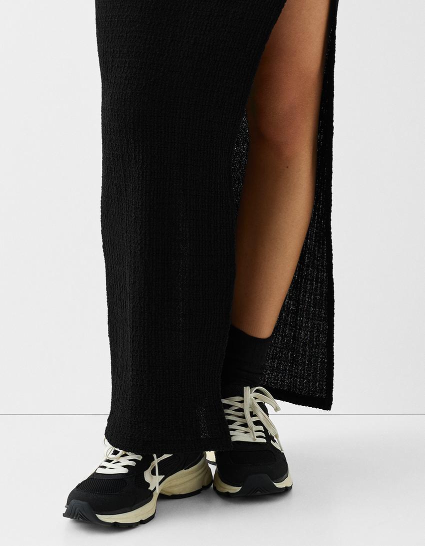 Waffle-knit midi skirt-Black-3