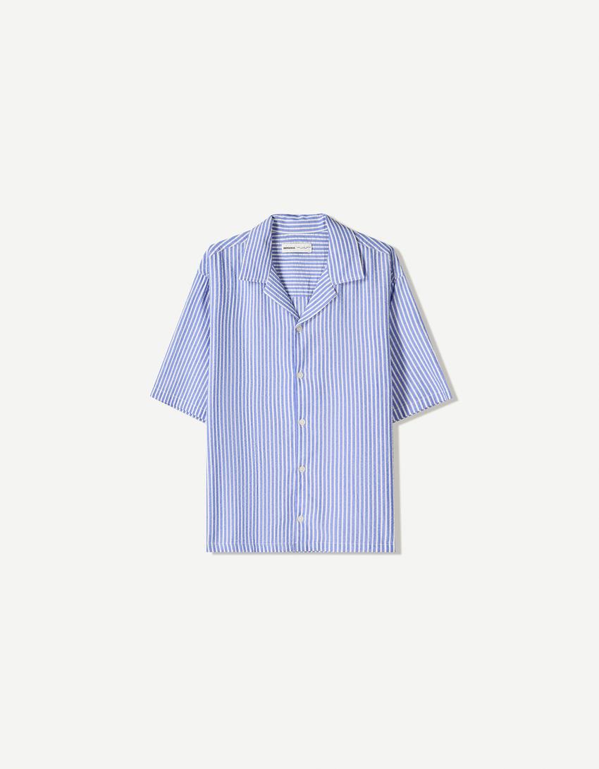 Striped textured short sleeve boxy fit shirt-Blue-0