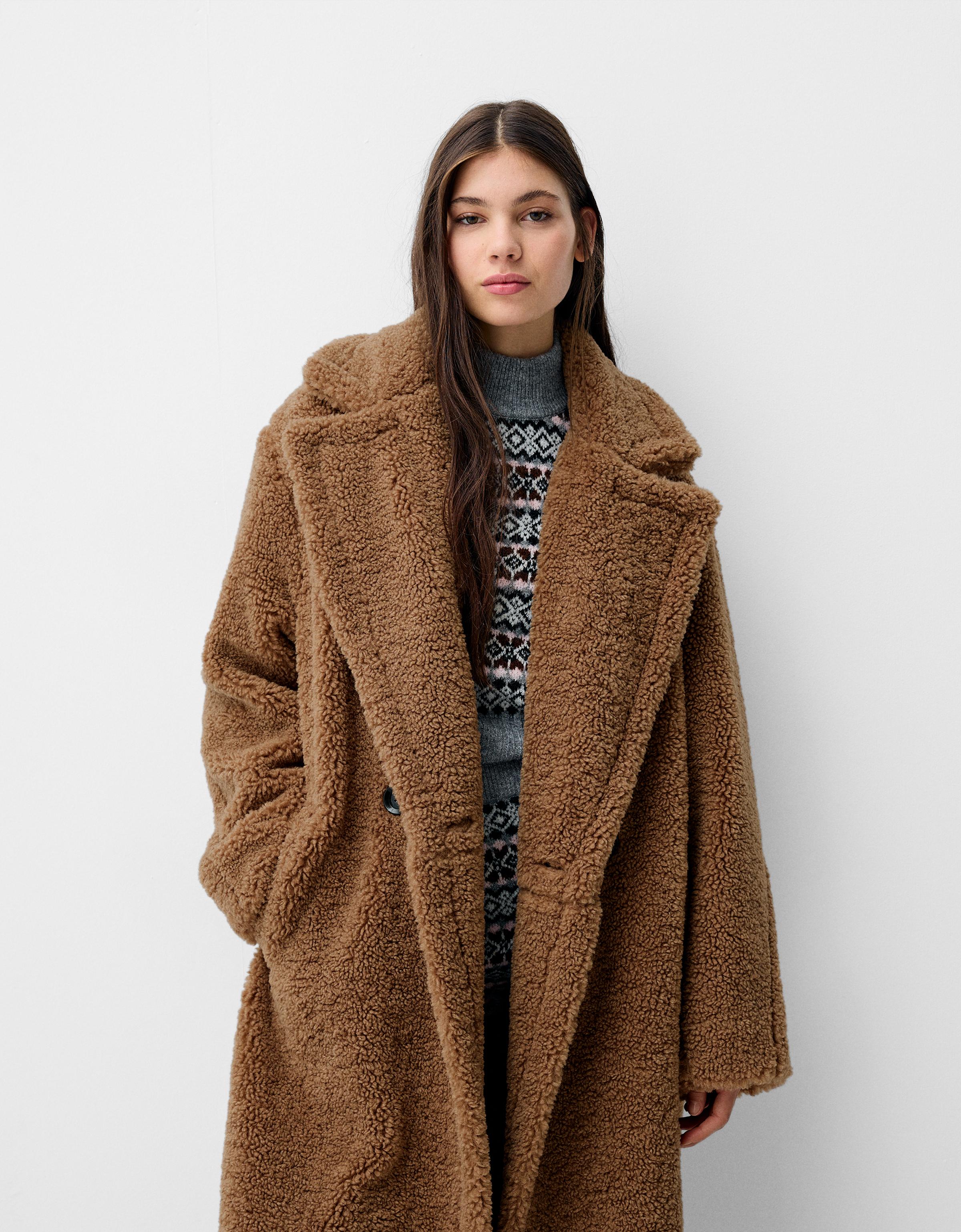 Bershka Langer Mantel Aus Lammfellimitat Damen M Camel