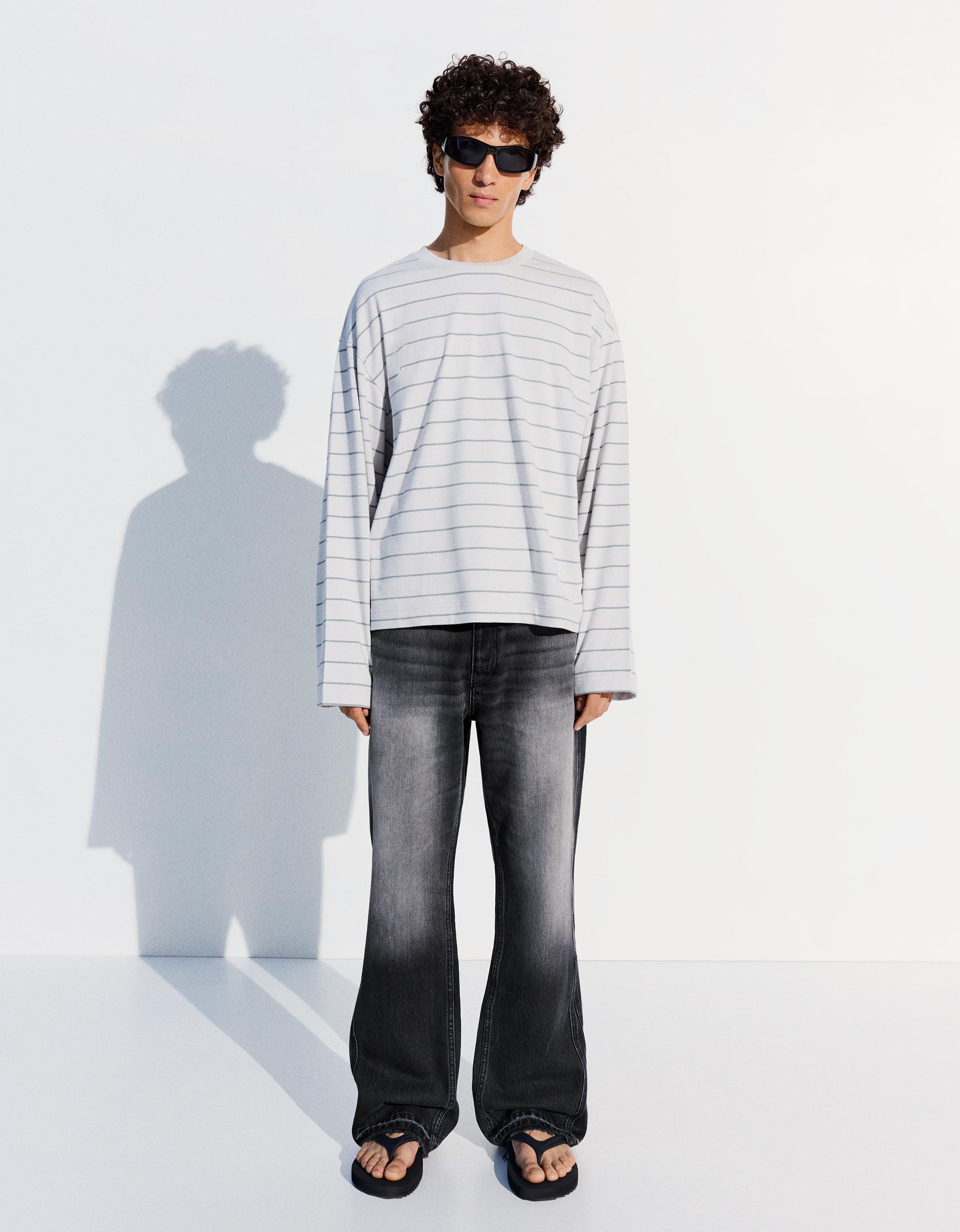 Bershka Jeans Straight Flare Hombre Negro