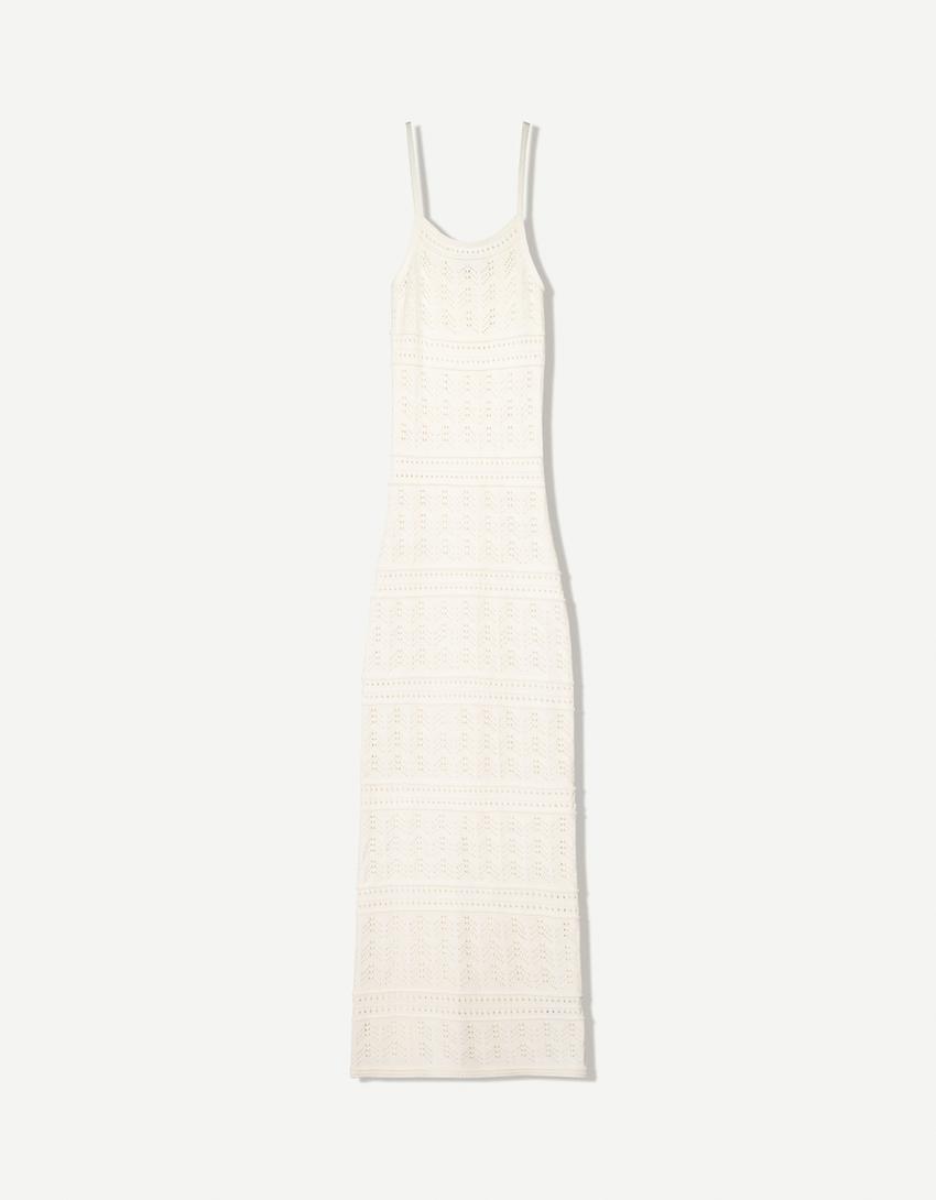 Rustic open knit midi dress-Cream-4