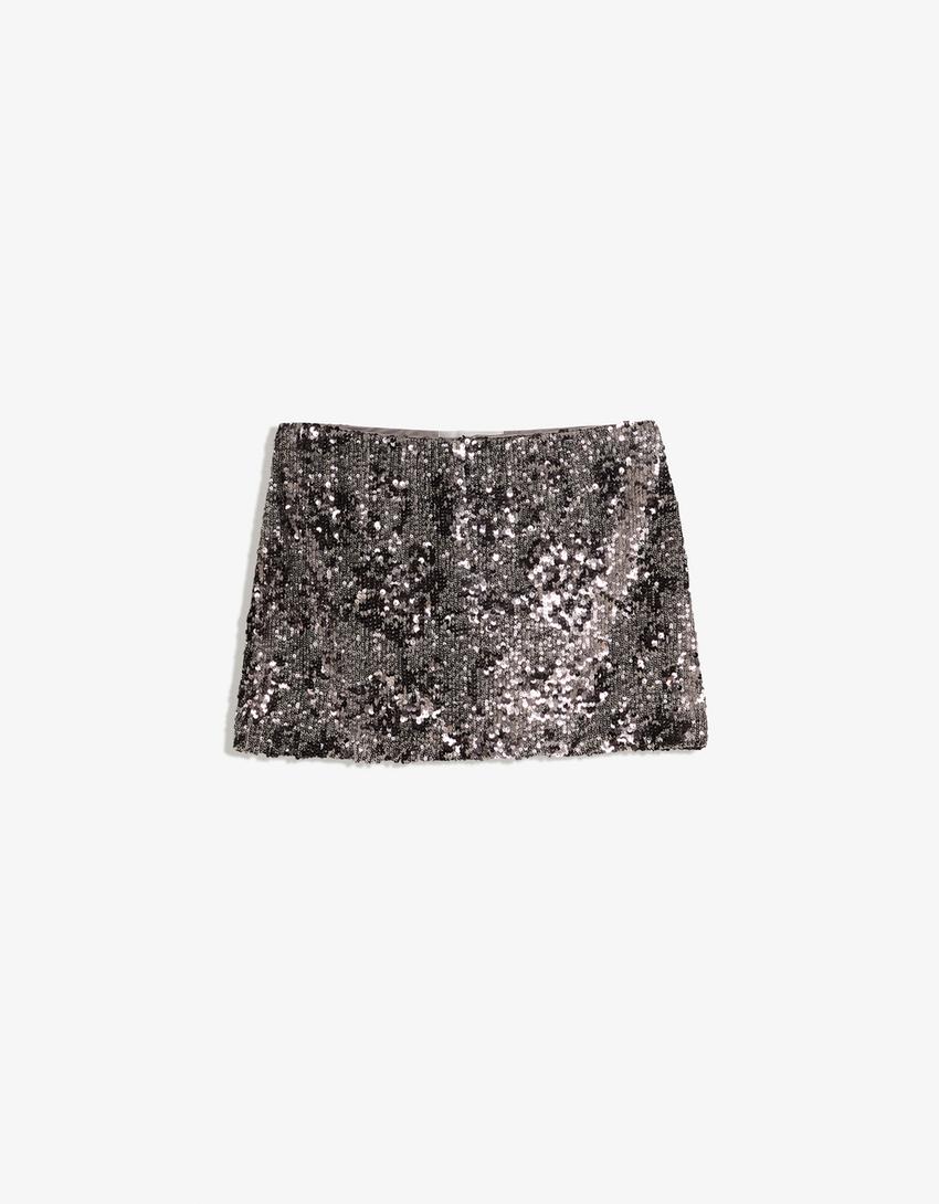 Mini-jupe à paillettes-Gris foncé