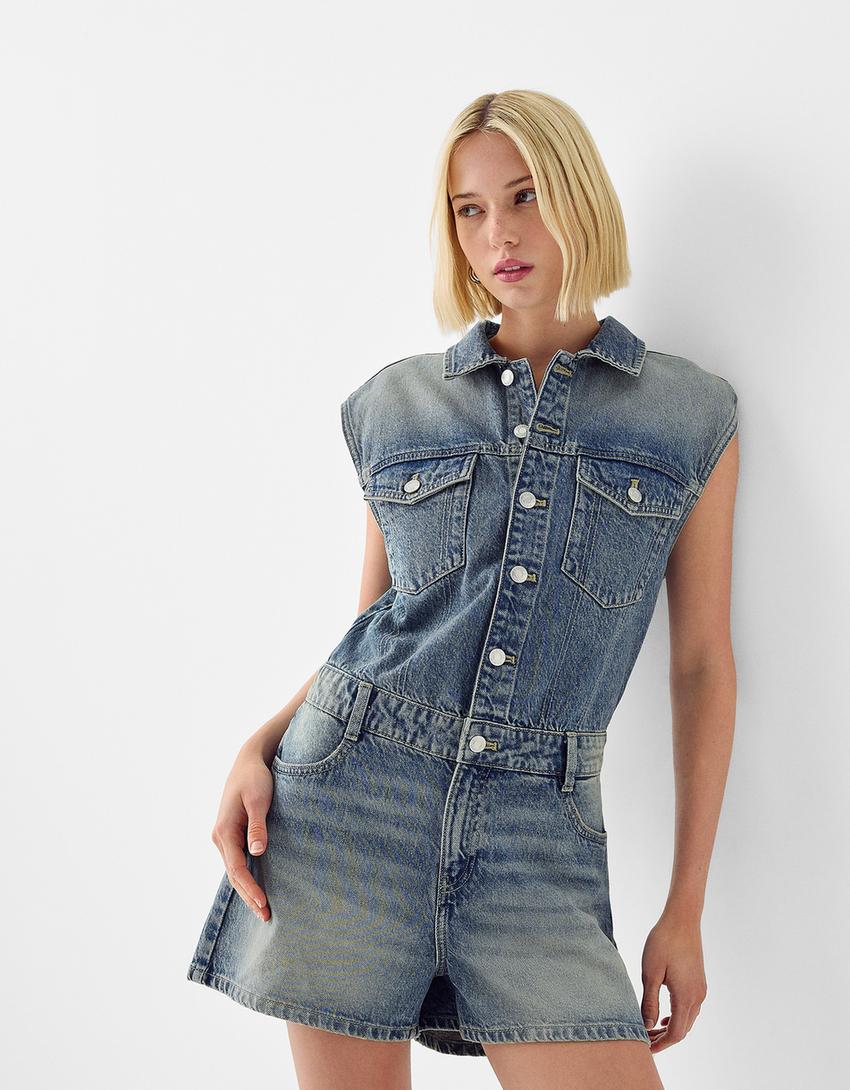 אוברול ג'ינס קצר-כחול שטוף-3