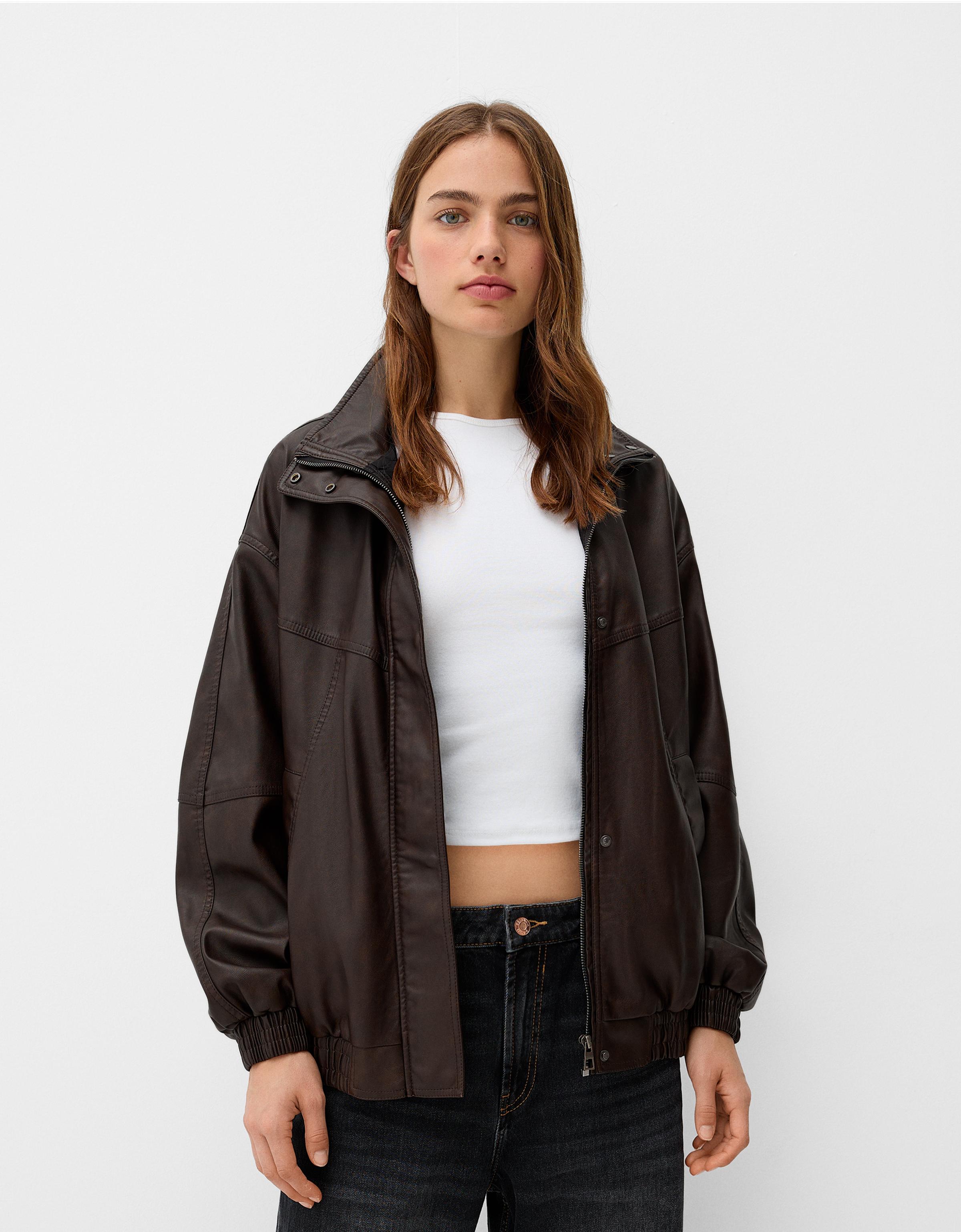 Faux leather jacket bershka best sale