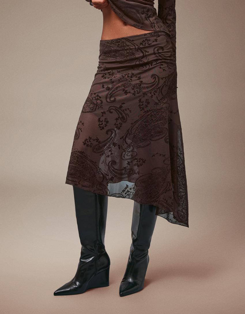 Falda midi print-Marrón