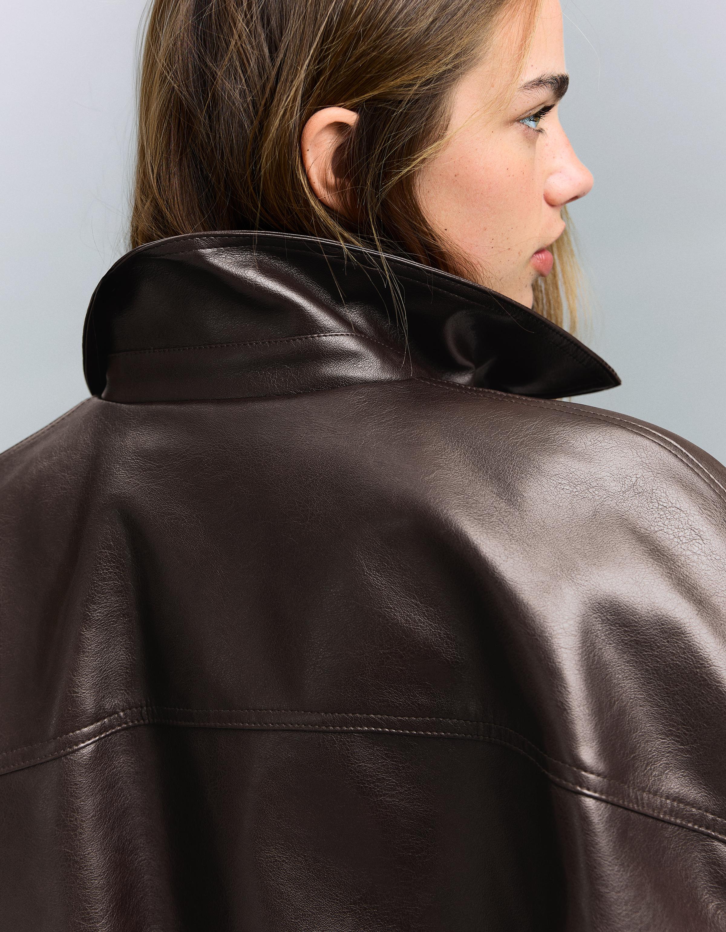 Leather effect bomber jacket with belt — Brown