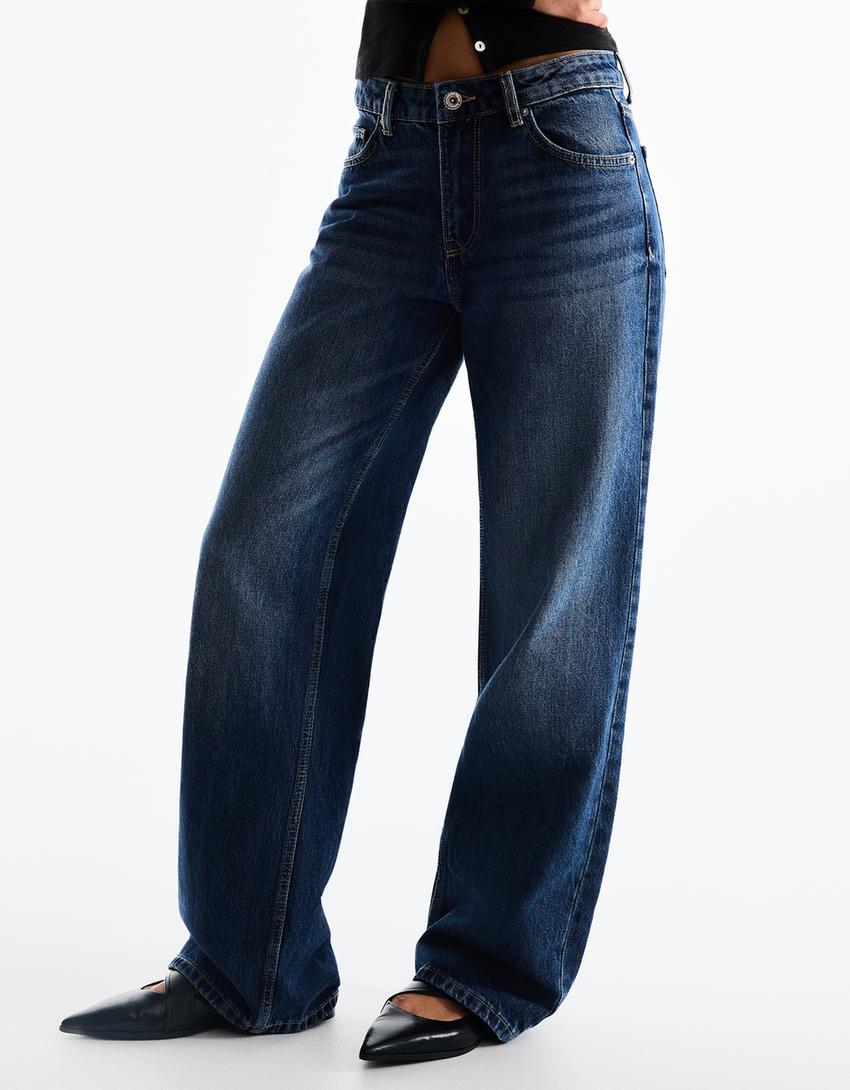 Yüksek bel straight fit geniş paça jean-Mavi