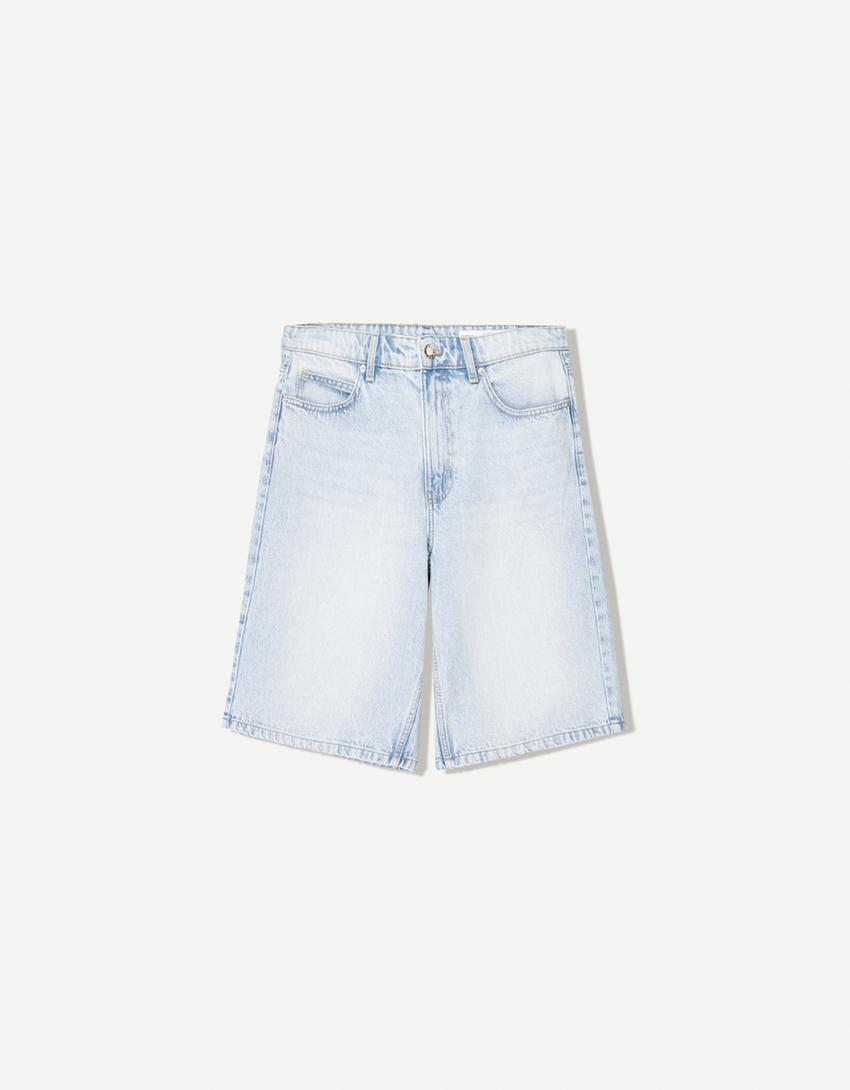 Baggy denim Bermuda shorts-Light blue-0