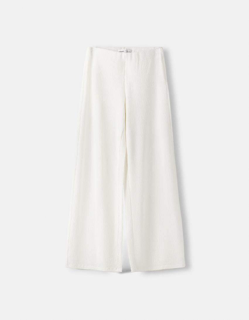 Релефен панталон с широки крачоли-Мръснобяло-5