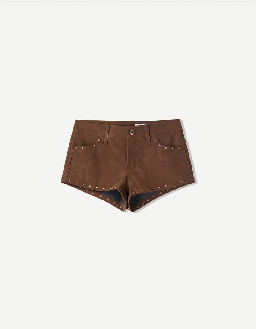 Studded faux suede shorts-Brown-3