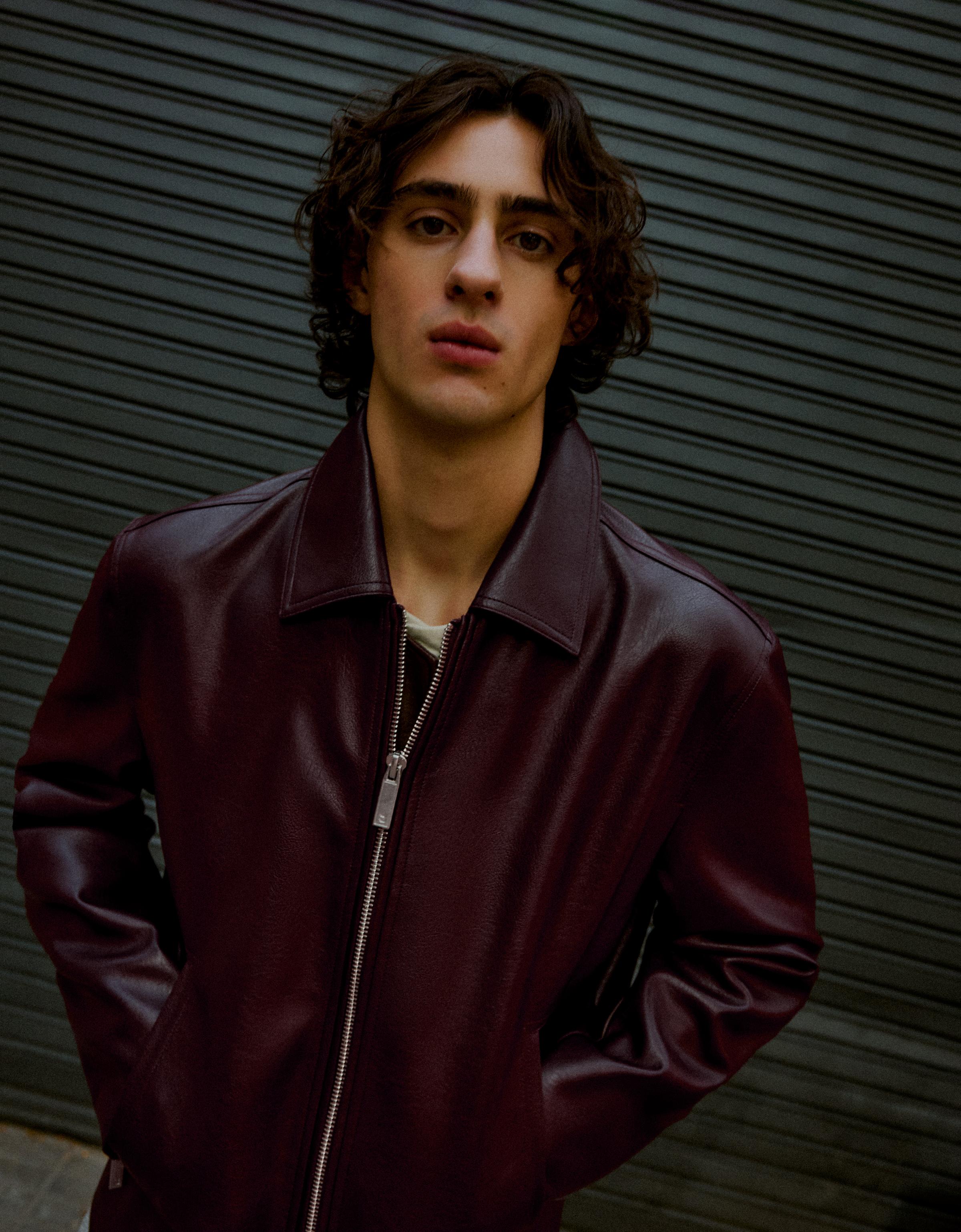 Boxy leather effect jacket — Burgundy