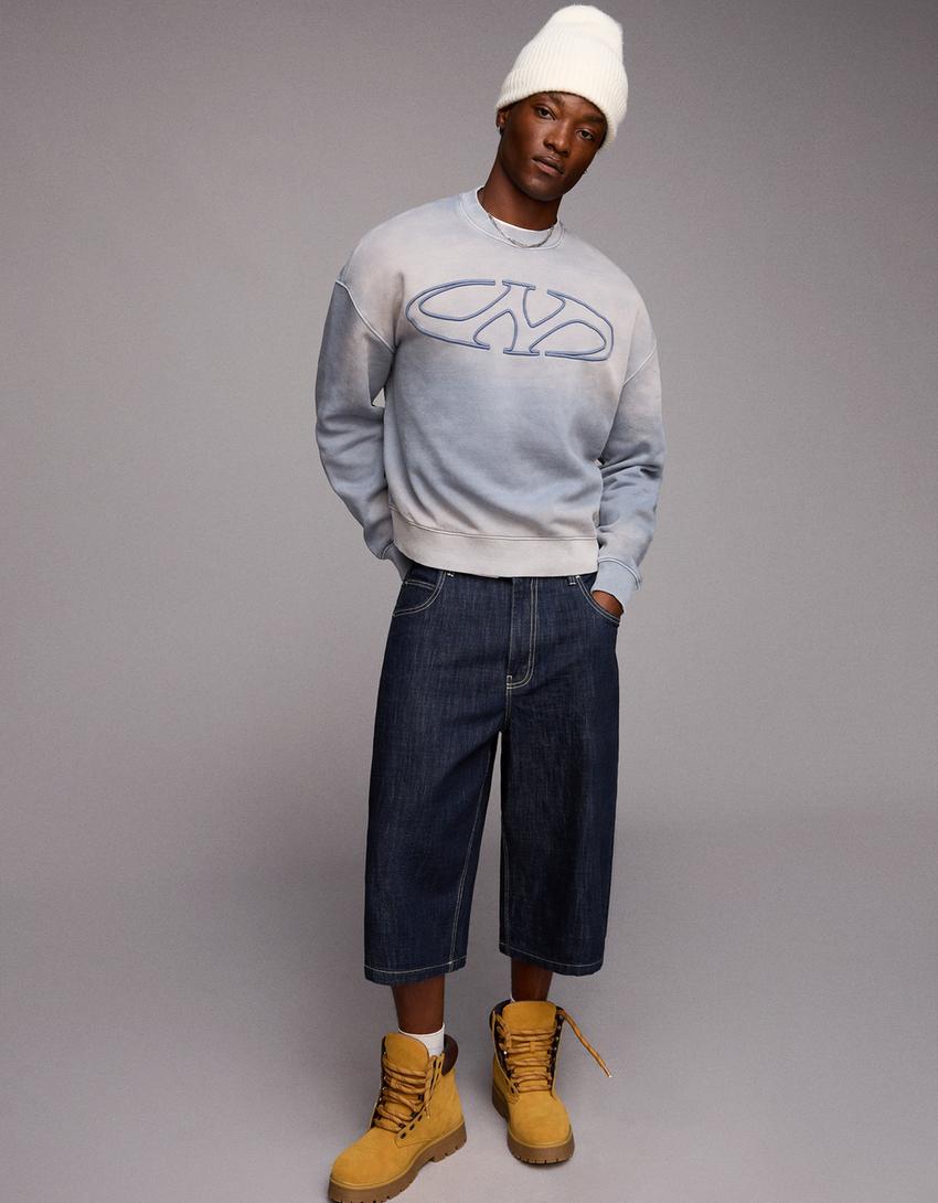 ოვერსაიზი გახუნებული ეფექტის მოსცმელი პერანგი-ღია ლურჯი