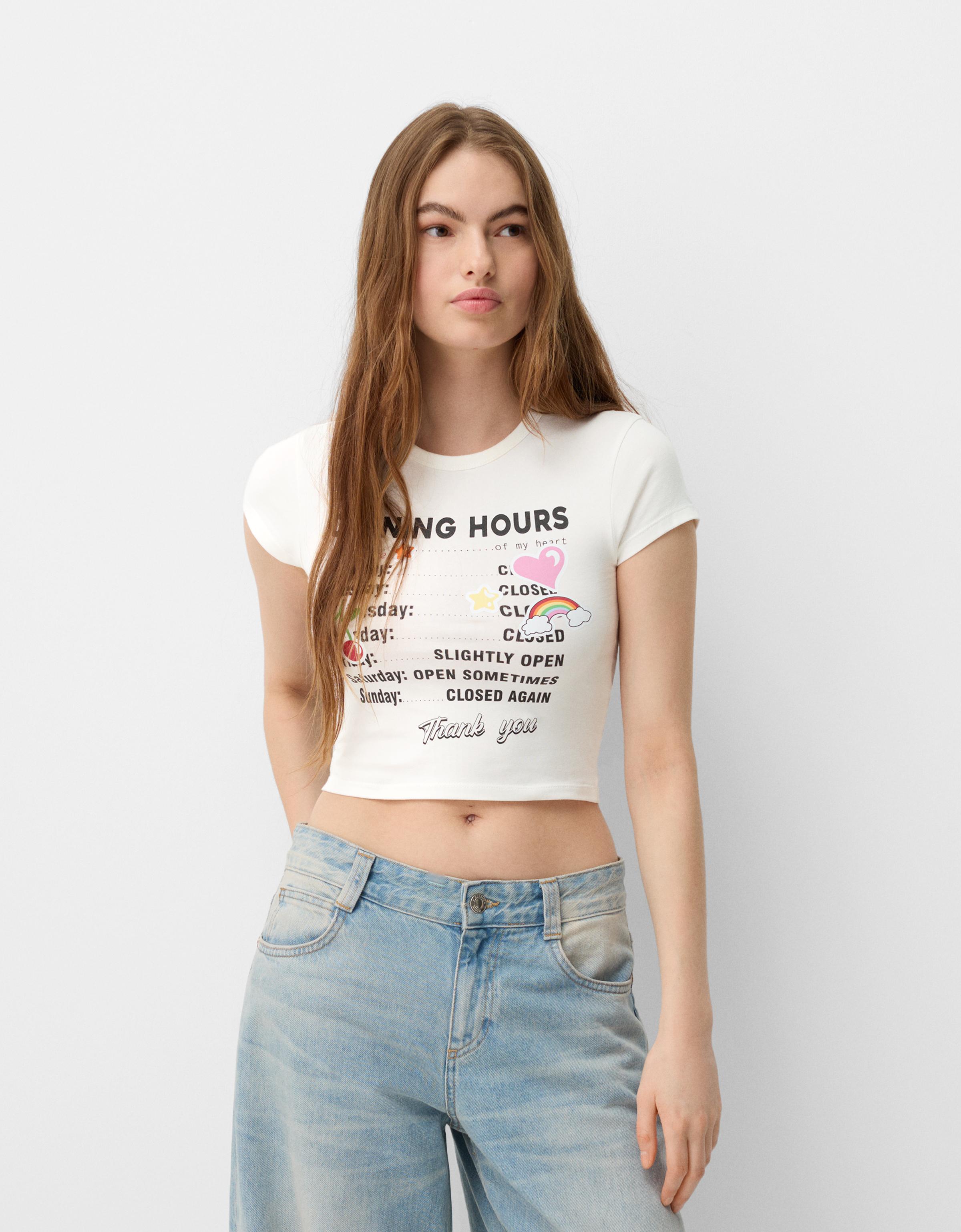 Bershka T-Shirt Mit Print Damen 10-12 Rohweiß