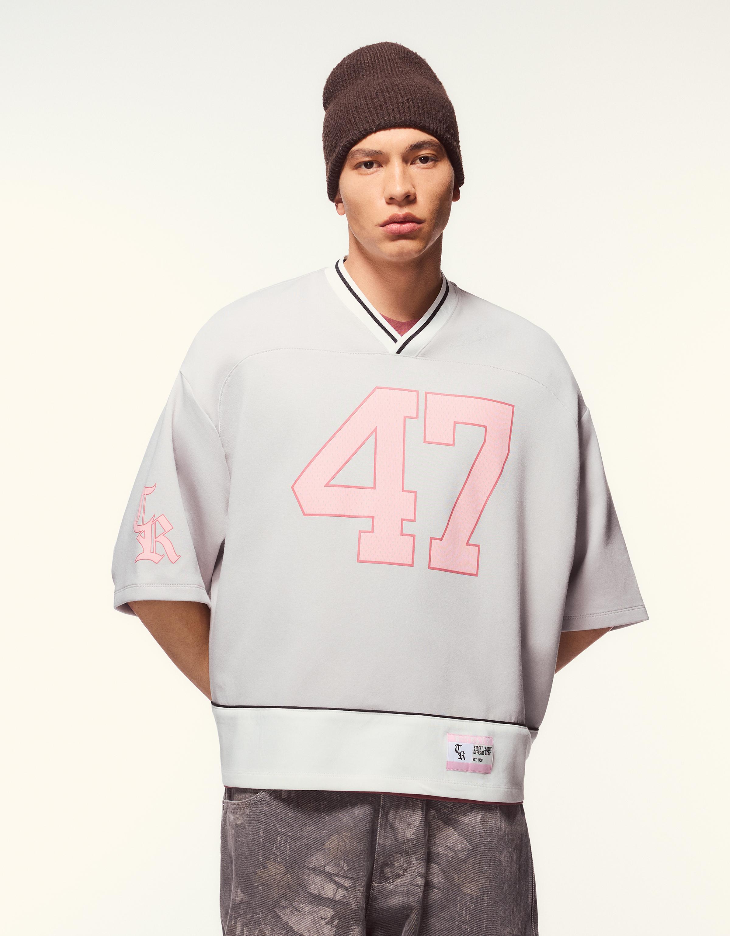 Bershka T-Shirt Kurze Ärmel Sport-Print Herren L Grau