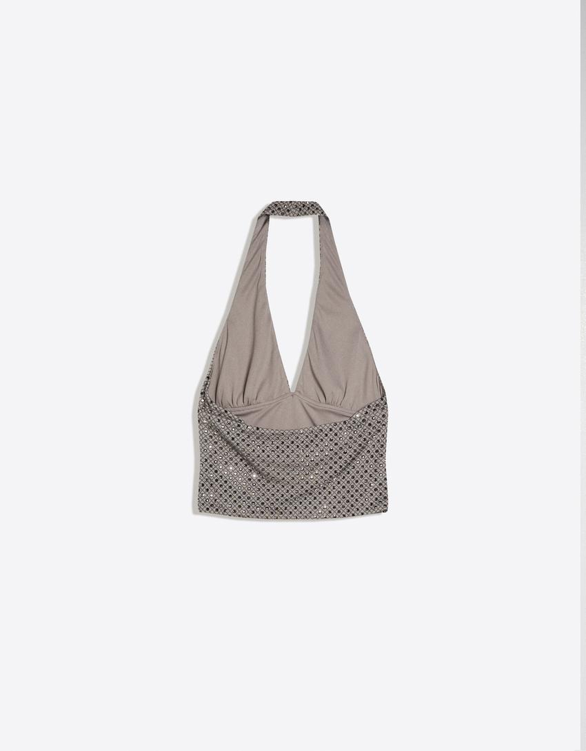 Neckholder-Top mit Strass-Nerzfarbe