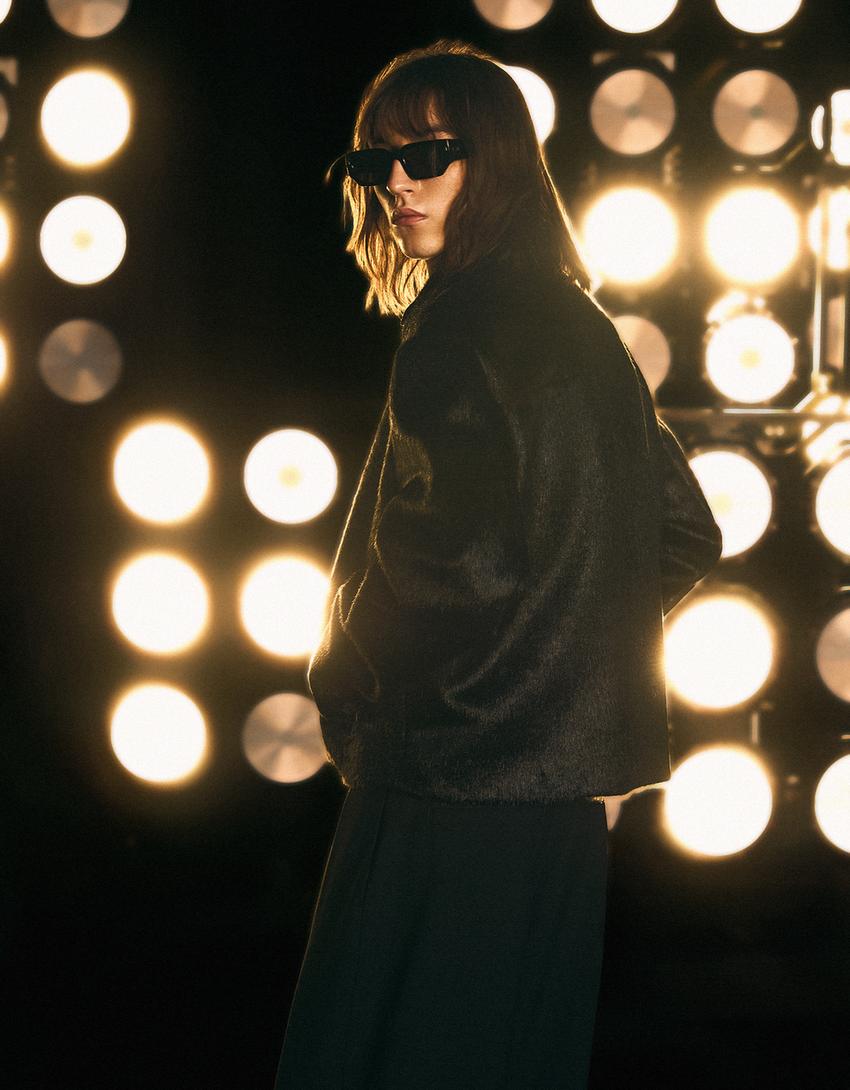 Fermuarlı suni kürk ceket-Siyah